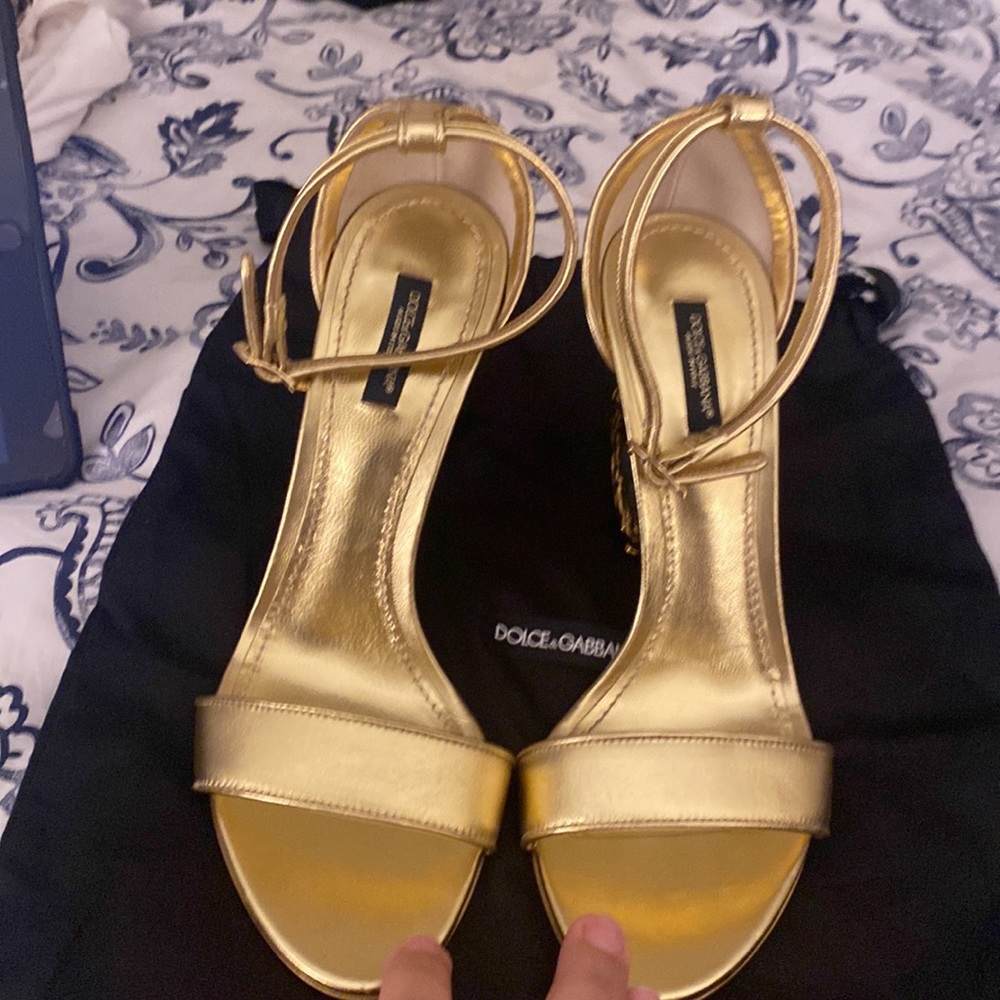 Dolce & Gabbana Gold Metallic Ankle-Strap Sandals with Decorative Logo Heel - Picture 3 of 11